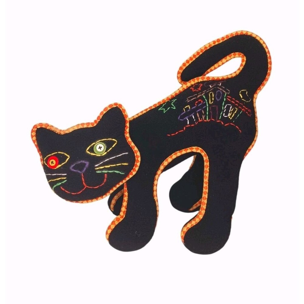 Vtg Halloween Black Felt Cat Plush Colorful Celestial Stitching Whimsigoth Decor